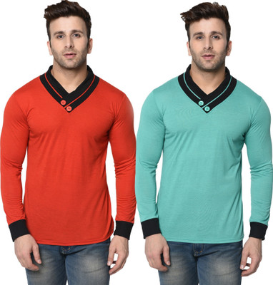 Tresna Trending Colorblock Men Shawl Neck Red, Light Green T-Shirt