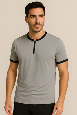 clickwell Self Design Men Zip Neck Grey T-Shirt