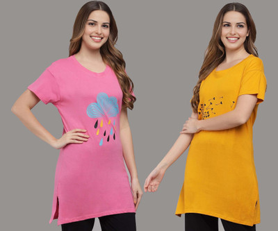 issavi Printed Women Round Neck Yellow, Multicolor T-Shirt