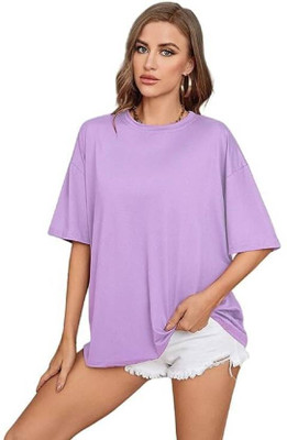 Smrink Solid Women Round Neck Purple T-Shirt
