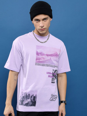 HIGHLANDER Printed, Typography Men Round Neck Purple T-Shirt