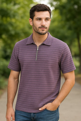 METRONAUT Striped Men Zip Neck Purple T-Shirt