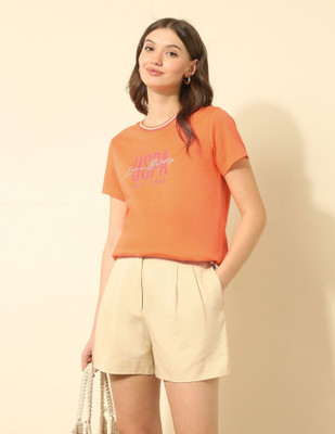 U.S. POLO ASSN. Printed Women Crew Neck Orange T-Shirt
