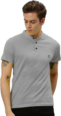 ZEDIN Solid Men Mandarin Collar Grey T-Shirt