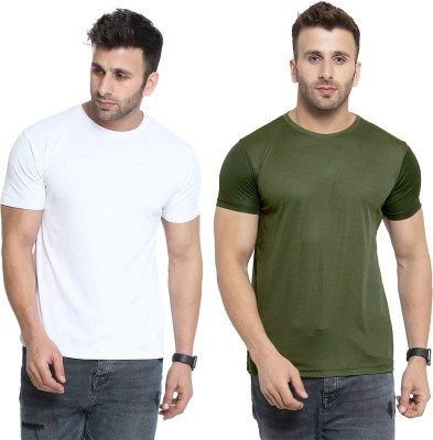 Think Tech Solid Men Round Neck White, Dark Green T-Shirt