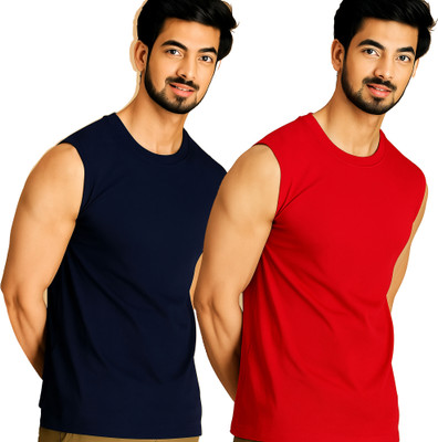 Jangoboy Solid Men Round Neck Dark Blue, Red T-Shirt
