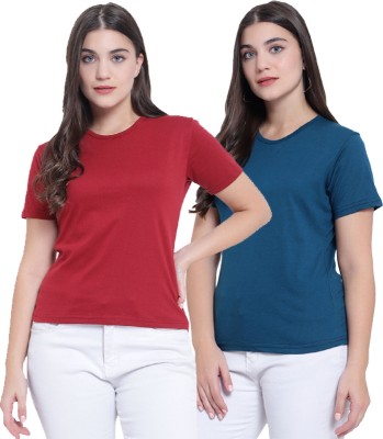 MARIAM ENTERPRISE Solid Women Round Neck Light Blue, Red T-Shirt