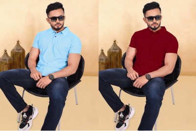 INDICLUB Solid Men Polo Neck Light Blue, Maroon T-Shirt