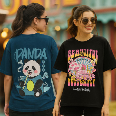 Fabflee Printed Women Round Neck Multicolor T-Shirt