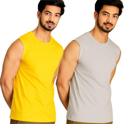 Moordale Solid Men Round Neck Yellow, Grey T-Shirt