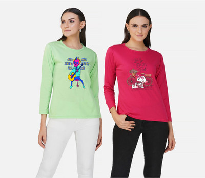 CHOZI Printed Women Round Neck Light Green, Pink T-Shirt