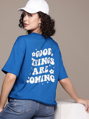 Freehand Printed Women Crew Neck Blue T-Shirt