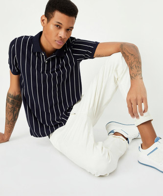 MAX Striped Men Round Neck Blue T-Shirt