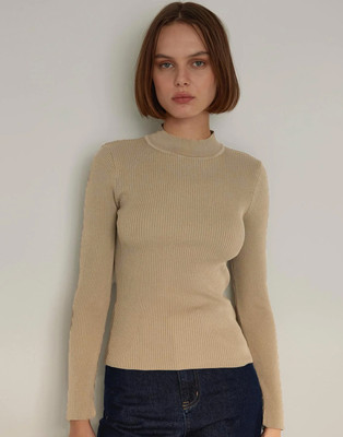 VIOUR Solid Women High Neck Beige T-Shirt