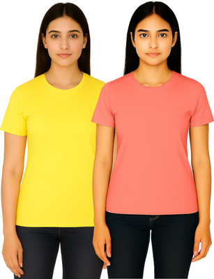 Expert Choice Solid Women Round Neck Yellow, Pink T-Shirt