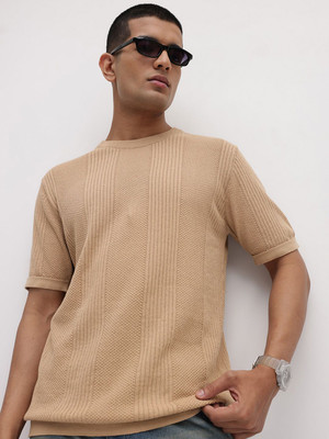 Roadster Self Design Men Round Neck Beige T-Shirt