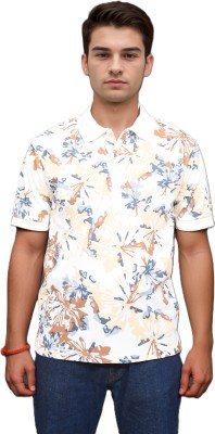 COTTONTEAL Floral Print Men Polo Neck White T-Shirt