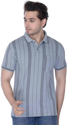 RosyRains Printed Men Polo Neck Grey T-Shirt