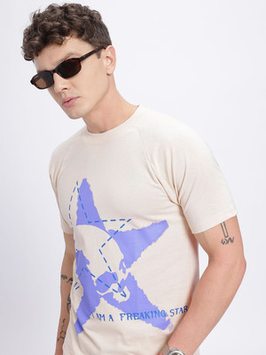 Glitchez Printed Men Round Neck Beige T-Shirt