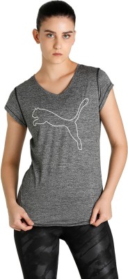 PUMA Printed Women V Neck Black T-Shirt