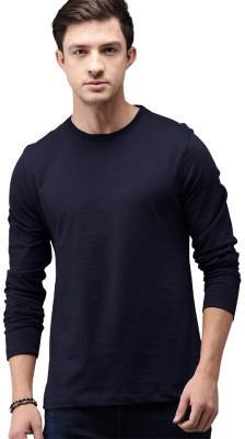 LazyChunks Solid Men Round Neck Navy Blue T-Shirt