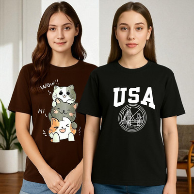 Elvia Graphic Print Women Round Neck Brown, Black T-Shirt