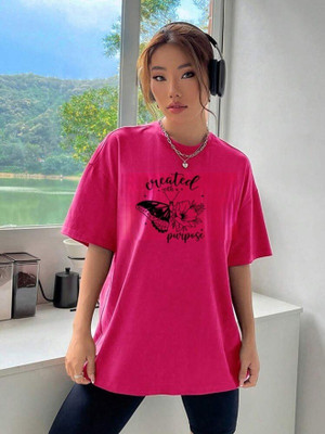 Fluffy Enterprises Printed Women Round Neck Pink T-Shirt