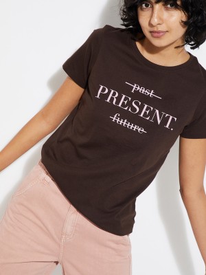 MAX Printed, Typography Women Round Neck Brown T-Shirt