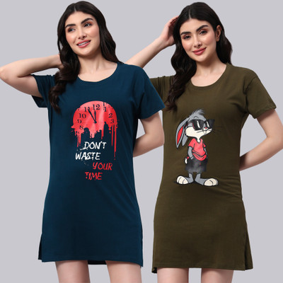 DUCOHIVE Printed Women Round Neck Dark Green, Dark Blue T-Shirt