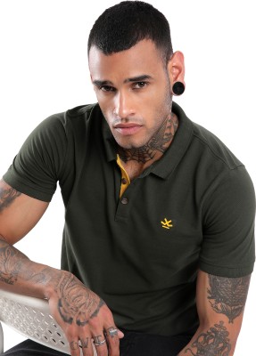 WROGN Solid Men Polo Neck Green T-Shirt