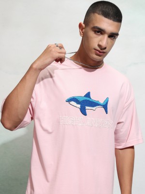 HIGHLANDER Self Design Men Round Neck Pink T-Shirt