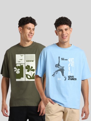 NOBERO Graphic Print, Printed, Typography Men Round Neck Green, Light Blue T-Shirt