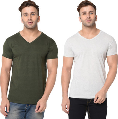 Tresna Trending Solid Men V Neck Dark Green, Grey T-Shirt