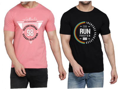 WOOSTRO Graphic Print Men Round Neck Pink, Black T-Shirt