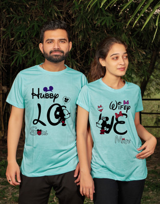 vfesta Graphic Print Couple Round Neck Light Green T-Shirt