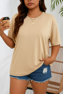 Rockwell Solid Women Round Neck Beige T-Shirt