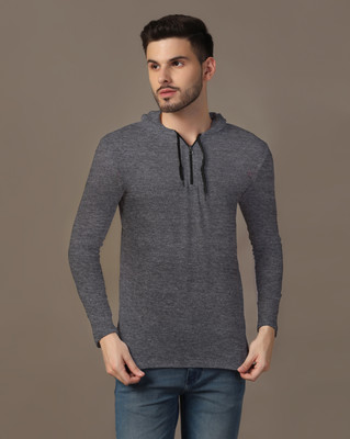 GEUM Solid Men Hooded Neck Grey T-Shirt