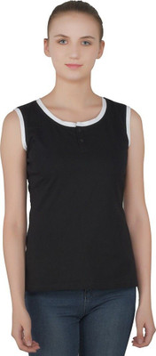 GEUM Solid Women Henley Neck Black T-Shirt
