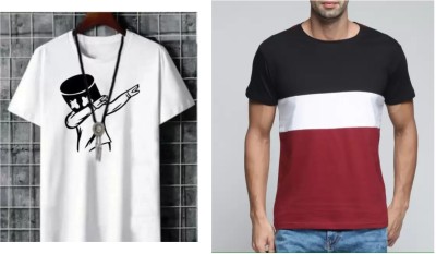 Chase Printed, Colorblock Men Round Neck White, Maroon T-Shirt