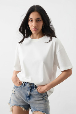 tooidde Solid Women Round Neck White T-Shirt