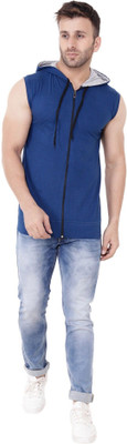 GEUM Solid Men Hooded Neck Blue T-Shirt