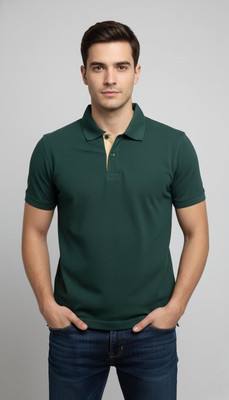 WILD CAMO Solid Men Polo Neck Dark Green T-Shirt