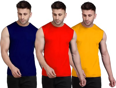 Renowned Solid Men Round Neck Dark Blue, Red, Yellow T-Shirt