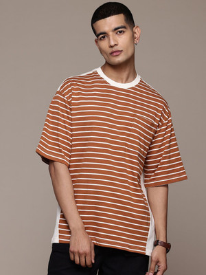 Roadster Striped Men Round Neck Brown, White T-Shirt