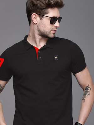 BISHOP COTTON Solid Men Polo Neck Black T-Shirt