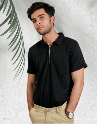 Lynx Self Design Men Polo Neck Black T-Shirt