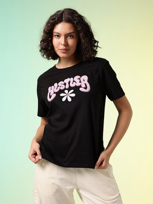HRX by Hrithik Roshan Typography Women Round Neck Black T-Shirt