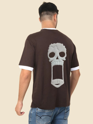 dos herman Self Design Men Round Neck Brown, White T-Shirt