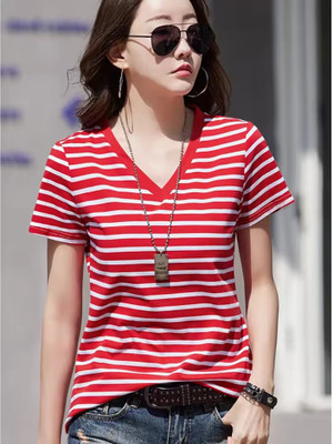 Smart Colors Striped Women V Neck Red T-Shirt