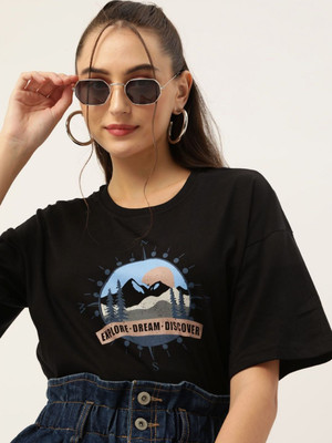 CORSICA Printed Women Round Neck Black T-Shirt